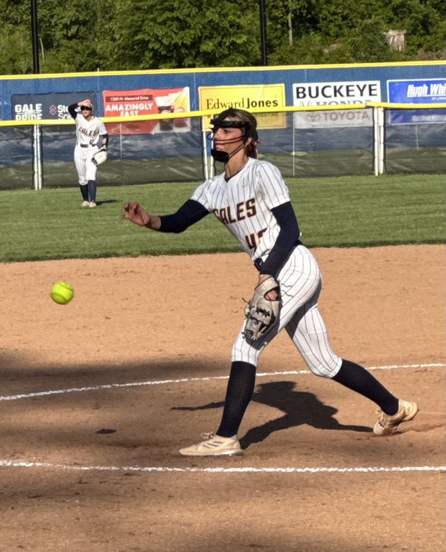 Lancaster senior pitcher Kileigh Rohr fires a pitch toward home plate during the Lady Gales' 2-0 nonconference win over Chillicothe May 7, 2026.