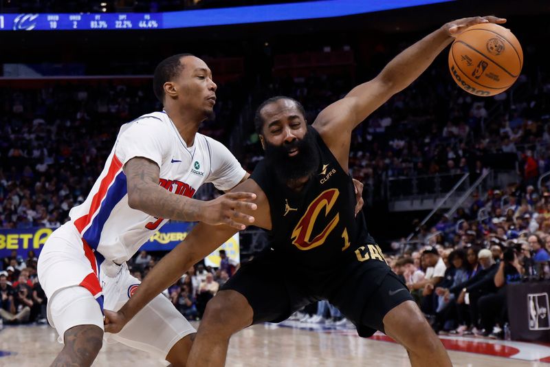 Cleveland Cavaliers guard James Harden (1) is defended by Detroit Pistons forward Ronald Holland II during Game 2 of a second-round NBA playoff series May 7, 2026, in Detroit.
