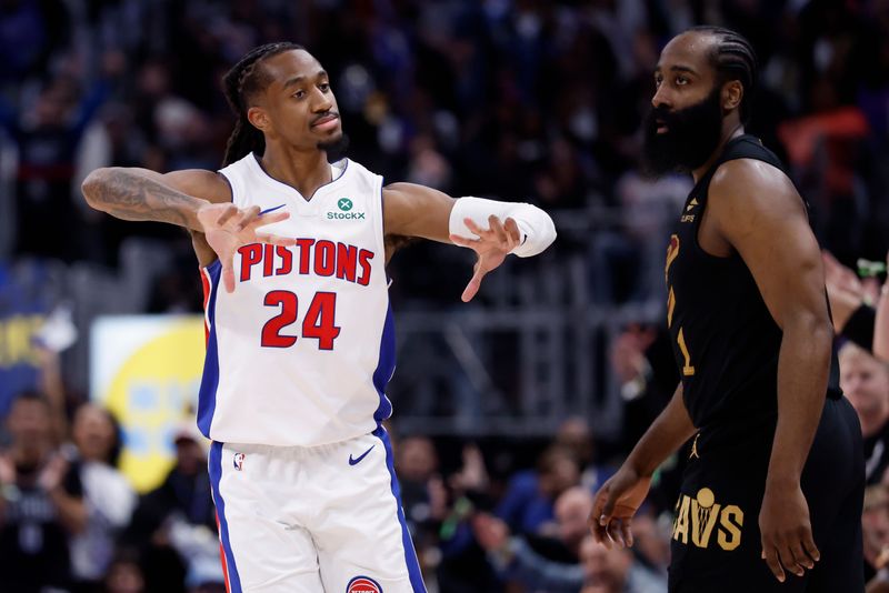 May 7, 2026; Detroit, Michigan, USA; Detroit Pistons guard Daniss Jenkins (24) celebrates a three-point basket in front of Cleveland Cavaliers guard James Harden (1) in the second half during game two of the second round of the 2026 NBA Playoffs at Little Caesars Arena. Mandatory Credit: Rick Osentoski-Imagn Images