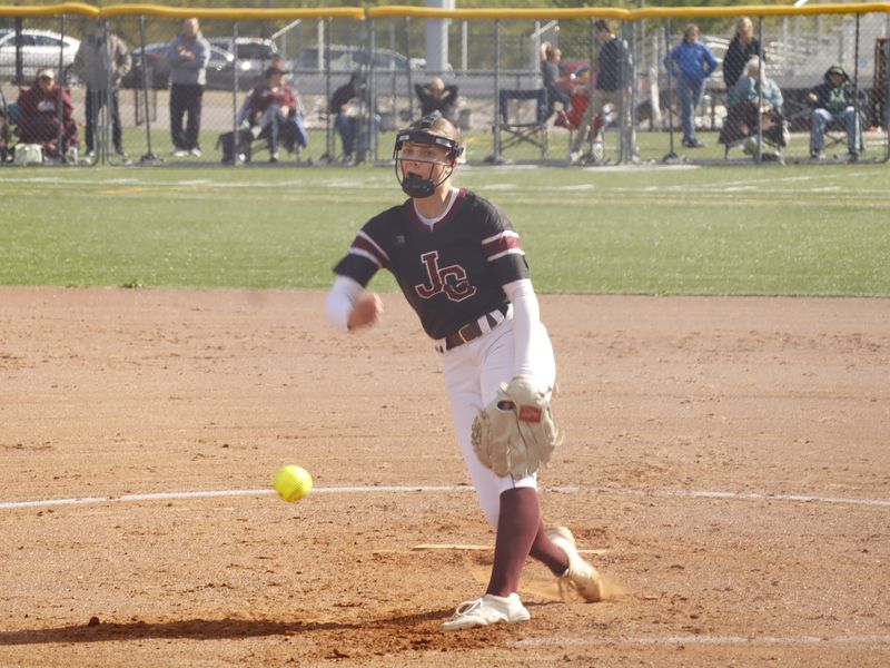 John Glenn sophomore Kendall Snider (5) lets loose with a pitch during non-league action with Strasburg on Thursday, May, 7, 2026 in New Concord. Snider tossed a complete game effort in the Muskies 2-1 victory with 16 Ks to collect the win to improve her season record to 14-1.