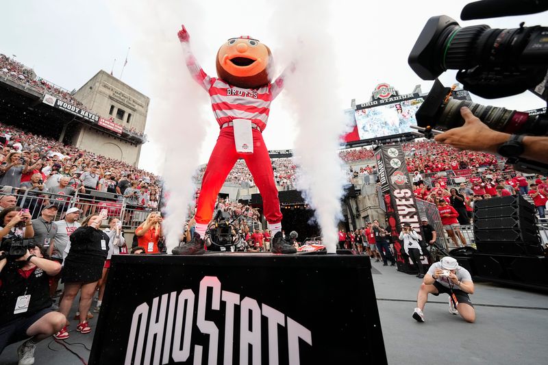 Brutus Buckeye is introduced prior to the NCAA football game against the Ohio Bobcats at Ohio Stadium on Sept. 13, 2025.