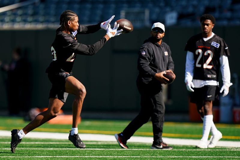 Bengals cornerback Tacario Davis (20) catches a throw during a rookie mini camp workout at the Bengals practice facility in downtown Cincinnati on Friday, May 8, 2026.