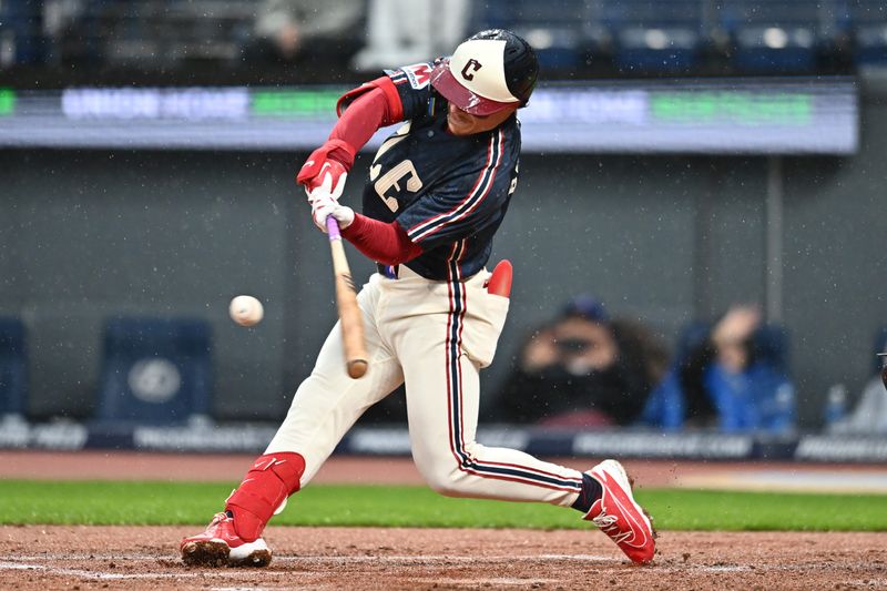 Cleveland Guardians' Travis Bazzana hits his first MLB home run against the Minnesota Twins on May 8, 2026, in Cleveland.