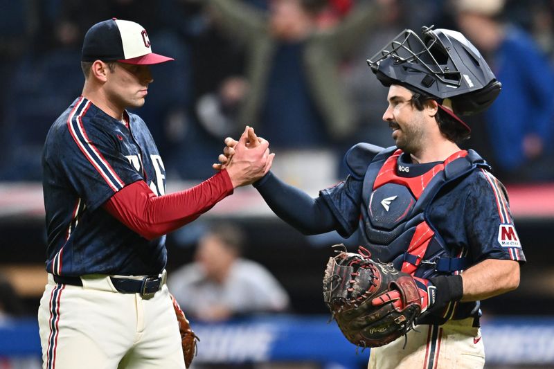 May 8, 2026; Cleveland, Ohio, USA; Cleveland Guardians relief pitcher Cade Smith (36) celebrates with catcher Austin Hedges (27) after the Guardians beat the Minnesota Twins at Progressive Field. Mandatory Credit: Ken Blaze-Imagn Images