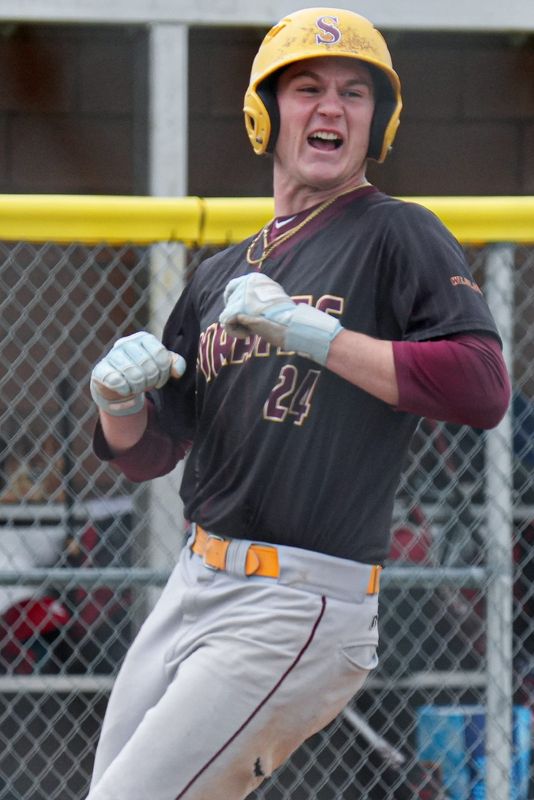 Southeast’s Joe Sharish reacts after scoring the winning run on a hit by Alaunte Massrock to beat Crestwood in the game at Southeast High School in Ravenna, Ohio on May 8, 2026.