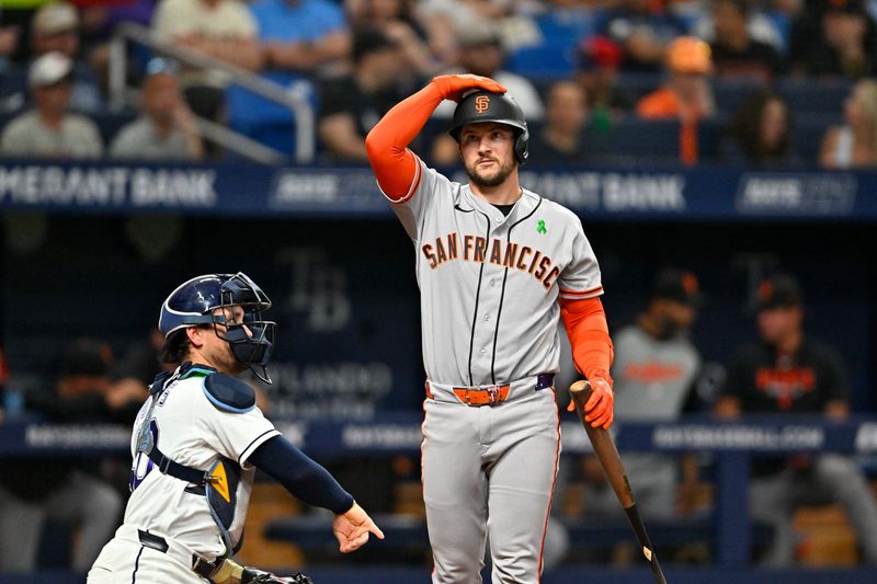 May 1, 2026; St. Petersburg, Florida, USA; San Francisco Giants catcher Patrick Bailey (14) reacts to a strike during the third inning against Tampa Bay Rays.