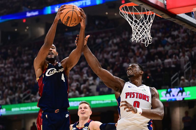 Cavaliers center Evan Mobley goes for a first-half rebound against Detroit Pistons center Jalen Duren during Game 3 in the second round of the playoffs, May 9, 2026, in Cleveland.