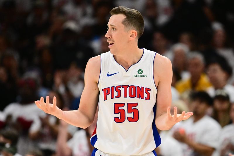 May 9, 2026; Cleveland, Ohio, USA; Detroit Pistons forward Duncan Robinson (55) reacts after a play against the Cleveland Cavaliers during the second half of game three in the second round of the 2026 NBA Playoffs at Rocket Arena. Mandatory Credit: Ken Blaze-Imagn Images