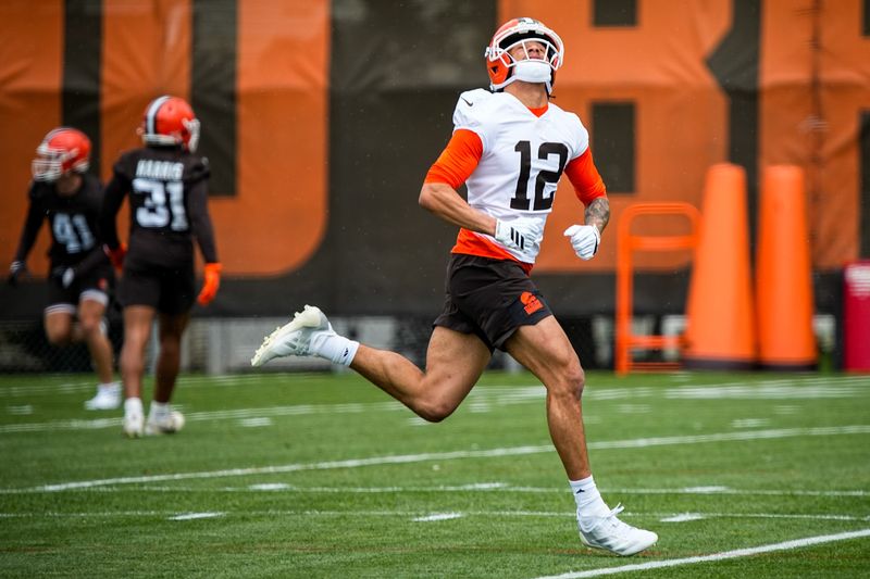 Cleveland Browns wide receiver Denzel Boston looks for a pass during the first day of rookie minicamp May 8, 2026, in Berea.