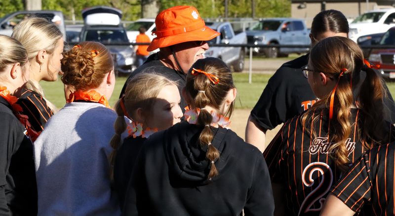 Strasburg's head coach Tom Spidell talks to his team following a 15-0 victory over Malvern on May 11, 2026. The Tigers defeated Malvern 15-0 in the opening round of the postseason.