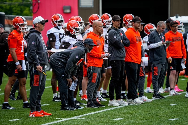 Coaches and players look out to the field on the first day of Cleveland Browns rookie minicamp May 8, 2026, at Cross Country Mortgage Campus in Berea, Ohio.