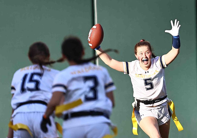 St. Ursula's Liz Thurnau reacts during their OHSAA regional flag football playoff game on Monday, May 11, 2026, at the Cincinnati Bengals' Paycor Stadium.