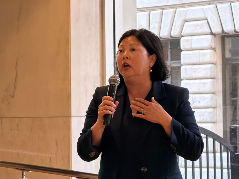 Chief Operating Officer Paula Boggs Muething of the Center City Development Corp. (known as 3CDC) spoke during a Downtown residents council meeting on May 12, 2026.