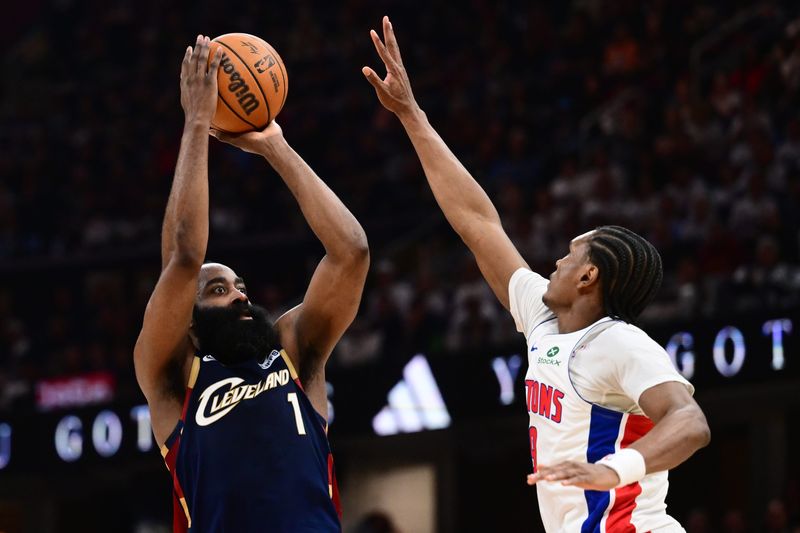 May 11, 2026; Cleveland, Ohio, USA; Cleveland Cavaliers guard James Harden (1) shoots over the defense of Detroit Pistons guard Ausar Thompson (9) during the second half of game four in the second round of the 2026 NBA Playoffs at Rocket Arena. Mandatory Credit: Ken Blaze-Imagn Images