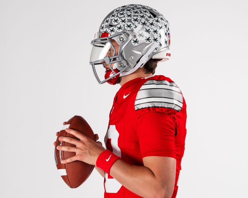 Ohio State quarterback Julian Sayin in the 2026 core home jerseys, featuring the Buckeye Stripe on the shoulder sleeve.