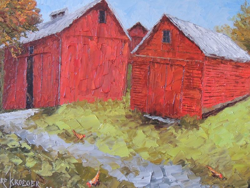 A painting by Robert Kroeger featuring the 1809 barn and other buildings at the Bahr Farm.