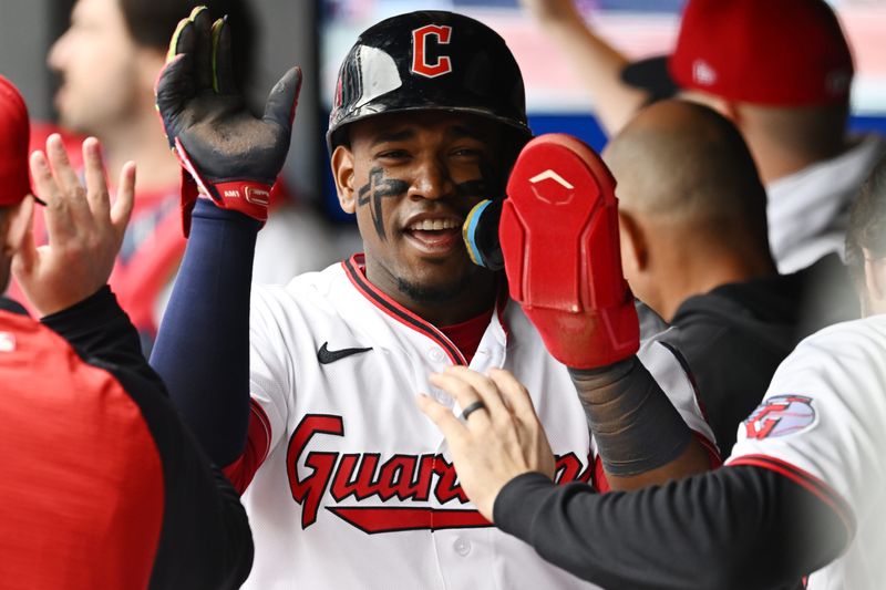 Cleveland Guardians' Angel Martinez celebrates after scoring a run against the Los Angeles Angels on May 13, 2026, in Cleveland.