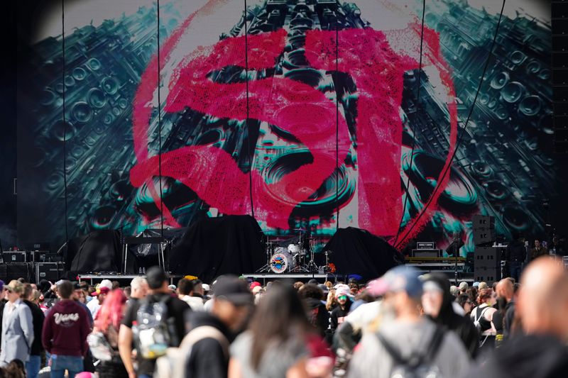 Concertgoers wait for the next act on the Temple stage during the first day of Sonic Temple Arts & Music Festival at Historic Crew Stadium on May 14, 2026.