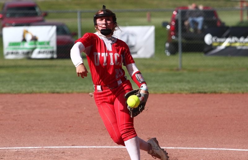 Utica's Kiersten Hull pitches during a 3-2 nine-inning loss to visiting Northmor in a Division V tournament game on May 14, 2026.