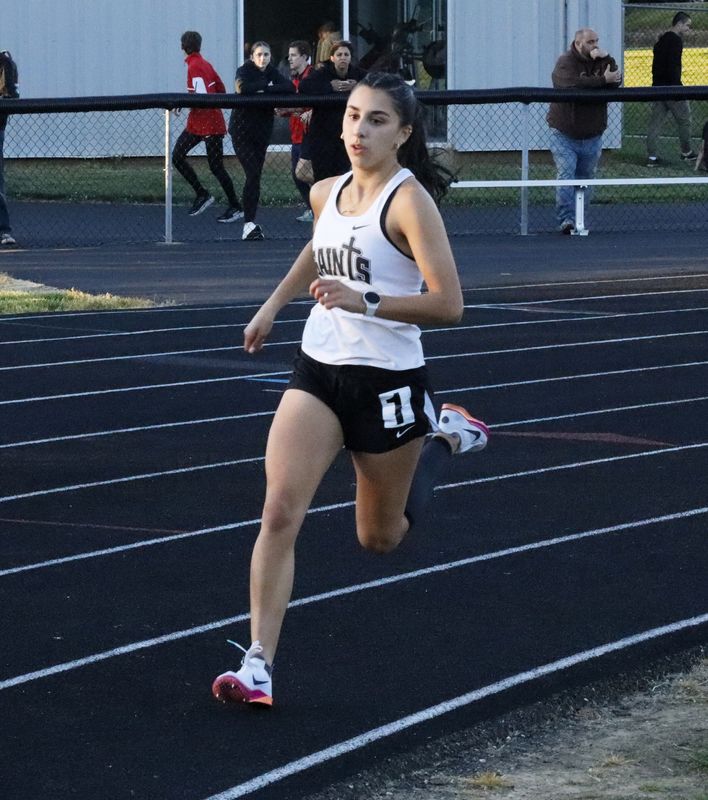 Tuscarawas Central Catholic's Elena Price starts her race during the 800 meter run at the Inter Valley Championship in Newcomerstown, on May 14, 2026.