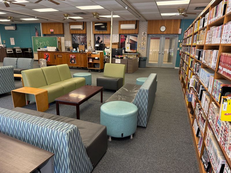 This is the Lancaster High School library on May 13, 2026.