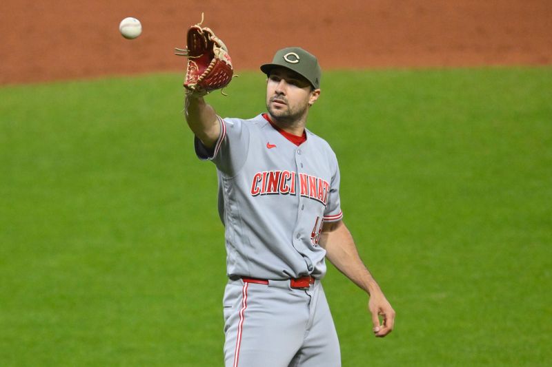 Reds relief pitcher Brock Burke reacts after walking in a run in the eighth inning against the Cleveland Guardians at Progressive Field May 15. Burke walked in two runs in the Guardians' four-run eighth.