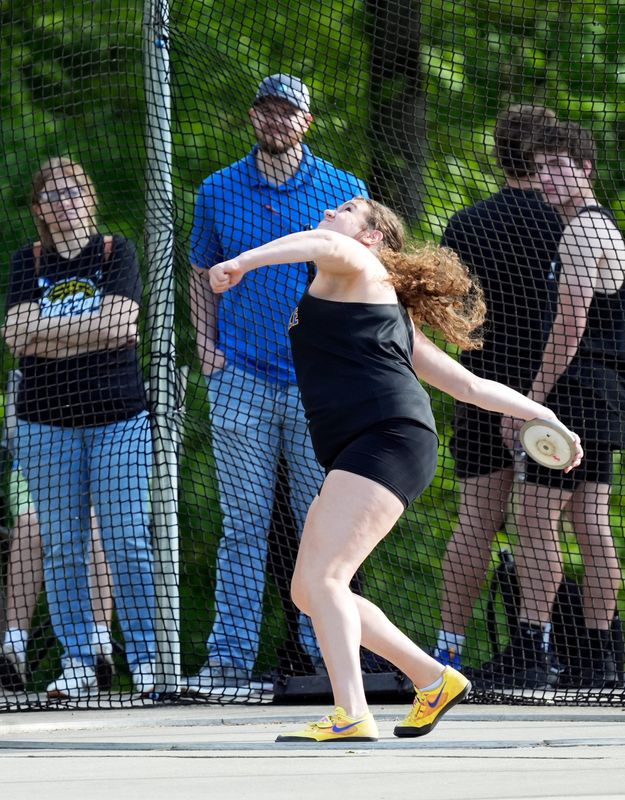 Maysville senior Bella Van Wey throws the discus at the Muskingum Valley League track and field meet on Friday, May 16, 2026, at the Maysville Athletic Complex in Newton Township, Ohio. Van Wey is returning to the state meet on June 5-6 in both events, this time in Division III.