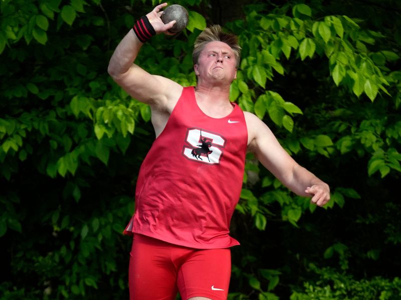 Sheridan senior Creed Hill sets a personal record in the shot with a throw of 55-3 1/4 during the Muskingum Valley League track and field meet on Friday, May 15, 2026, at the Maysville Athletic Complex in Newton Township, Ohio. It was the second-longest throw in Sheridan history, trailing only former state champion Eli Kiener in 1999.
