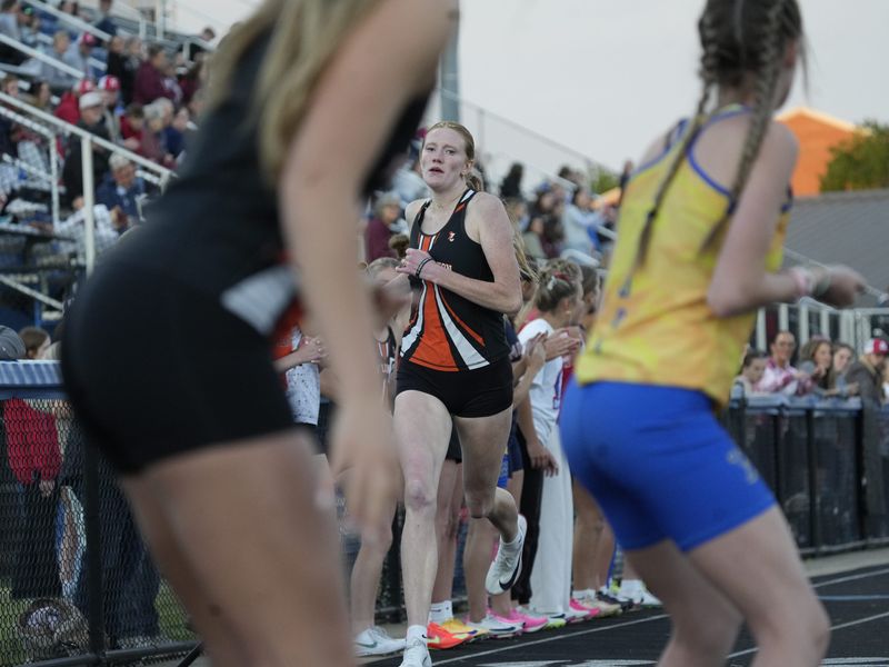 New Lexington's Ava Snedeker runs a relay race during the Muskingum Valley League track and field meet on Friday, May 15, 2026, at the Maysville Athletic Complex. Snedeker won the high jump to claim the Panthers' lone title.