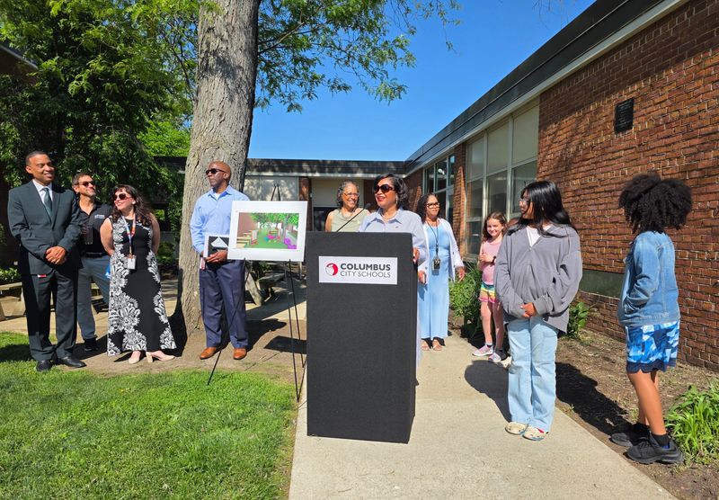 Columbus City Schools Superintendent Angela Chapman at Salem Elementary School alongside district employees and Salem students as she announces $60 million in improvements across the district, including a building refresh of Salem Elementary