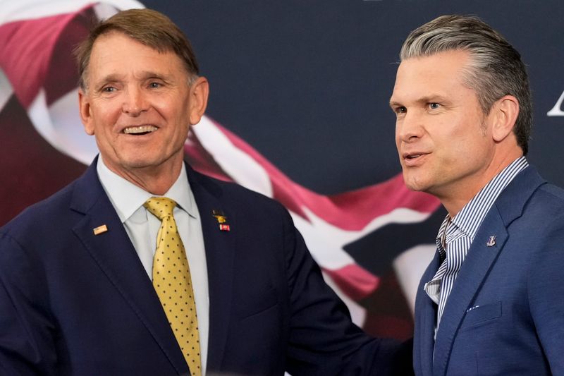 Republican candidate for congress, Ed Gallrein, welcomes to the stage U.S. Secretary of Defense Pete Hegseth during an “America First Works” rally at the Cincinnati/Northern Kentucky International Airport DoubleTree Hotel in Hebron, Kentucky, on Monday, May 18, 2026. U.S. Secretary of Defense Pete Hegseth was in Northern Kentucky with Trump-backed Republican Ed Gallrein the day before a the primary election.