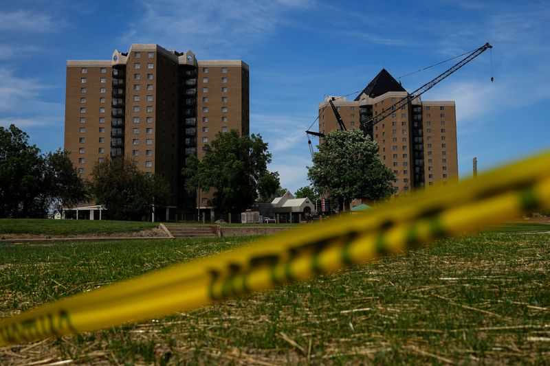 Demolition has begun on the Latitude Five25 towers in Columbus on May 18, 2026. The pyramid atop the western tower has been removed.
