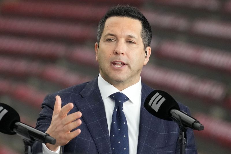 Jan 8, 2024; Houston, TX, USA; Adam Schefter talks on a set before the 2024 College Football Playoff national championship game between the Michigan Wolverines and the Washington Huskies at NRG Stadium. Mandatory Credit: Kirby Lee-USA TODAY Sports