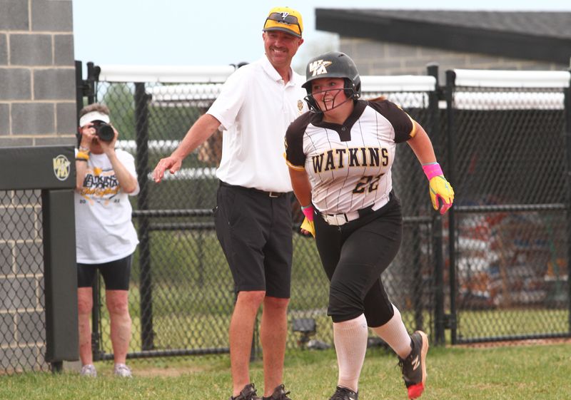 Watkins Memorial's Ava Bailey celebrates her second home run of the game against Westerville South on May 18.
