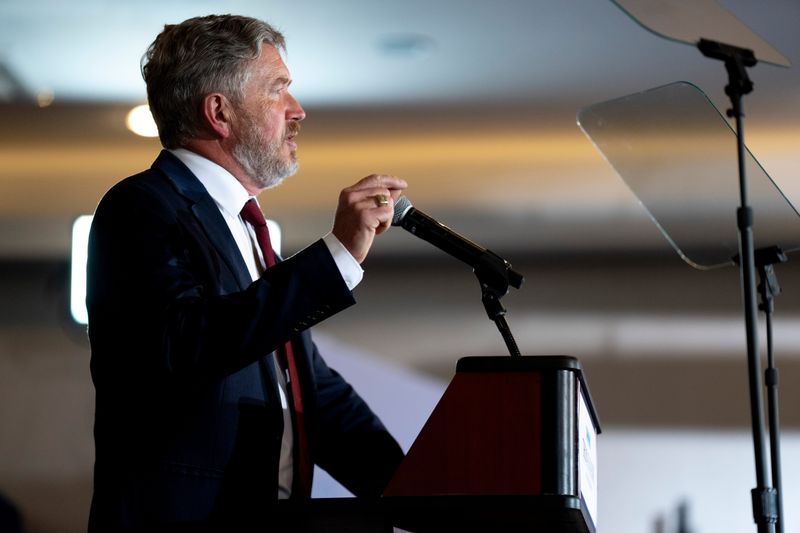 U.S. Representative Thomas Massie, R-Kentucky, speaks after losing the Republican Primary Election against Ed Gallrein at his election party in Hebron, Kentucky, on Tuesday May 19, 2026.