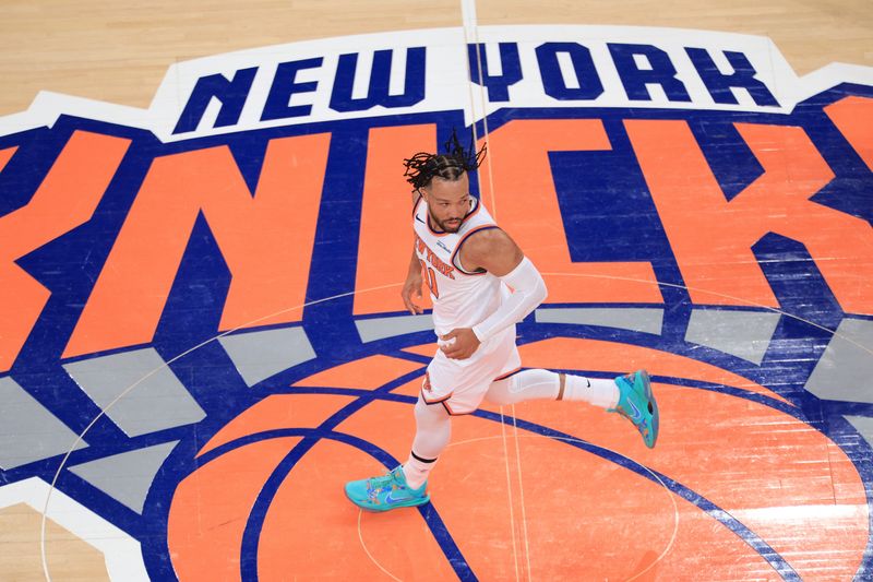 May 19, 2026; New York, New York, USA; New York Knicks guard Jalen Brunson (11) runs up the court during the first half of game one of the eastern conference finals for the 2026 NBA playoffs against the Cleveland Cavaliers at Madison Square Garden. Mandatory Credit: Vincent Carchietta-Imagn Images