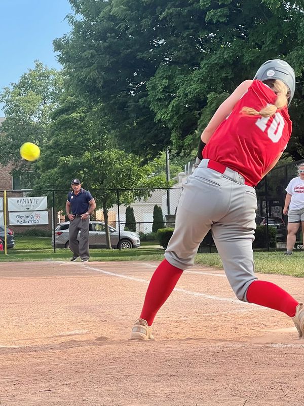 Elgin's Madison Hill hits a double in the third inning at Pierce Park in a Division VI district semifinal softball game against Grandview Heights May 19, 2026.