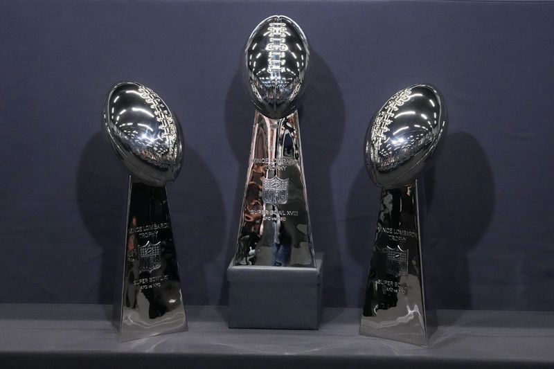 Apr 24, 2026; Henderson, NV, USA; Super Bowl XI, XVIII and XV Vince Lombardi trophies at Las Vegas Raiders press conference at Intermountain Health Performance Center. Mandatory Credit: Kirby Lee-Imagn Images