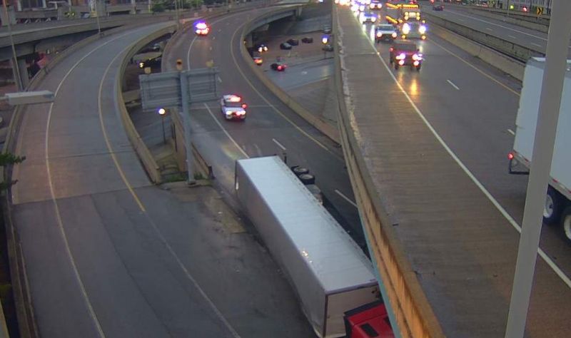 Interstate 71 north is closed in downtown Cincinnati early May 20, 2026, due to an overturned semi.