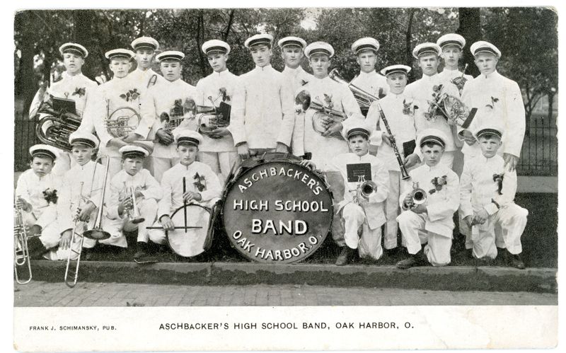 The Aschbacker Band from Oak Harbor High School in 1907. The photograph taken by George Smith documented the band's first public appearance in uniform.