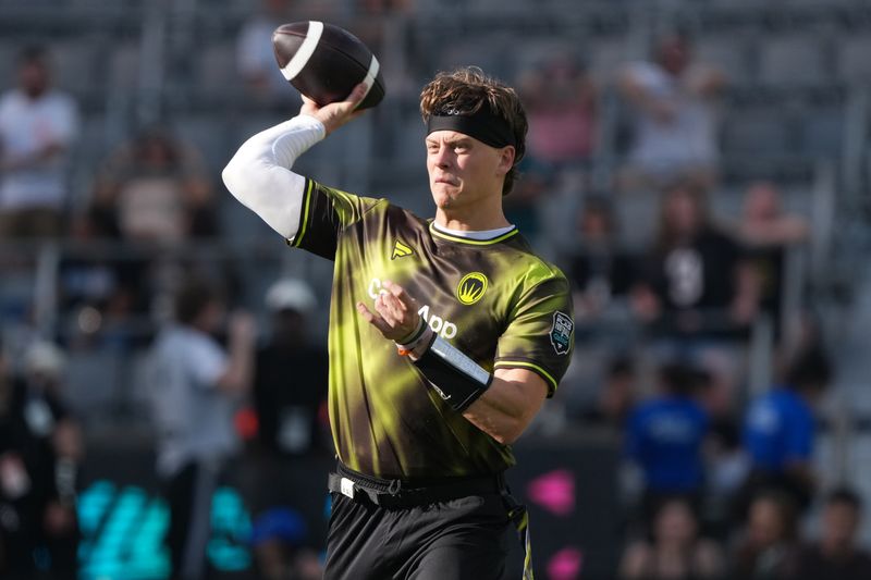 Mar 21, 2026; Los Angeles, CA, USA; Wildcats FFC quarterback Joe Burrow throws the ball during the Fanatics Flag Football Classic at BMO stadium.