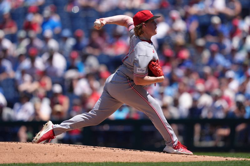 Cincinnati Reds starting pitcher Andrew Abbott throws a pitch against the Philadelphia Phillies in the first inning at Citizens Bank Park on Wednesday, May 20.