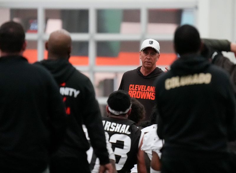 Coach Todd Monken talks to the team at the end of the Browns OTA camp in Berea on May 20, 2026.
