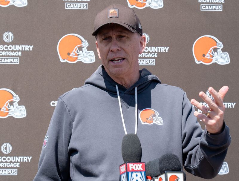Coach Todd Monken answers media questions at the end of the Browns mini camp in Berea on April 21, 2026.
