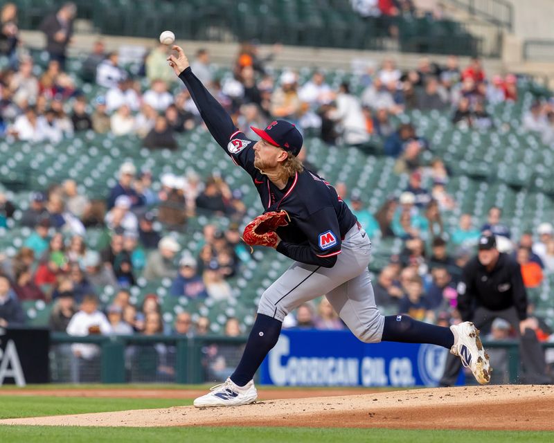 May 20, 2026; Detroit, Michigan, USA; Cleveland Guardians starting pitcher Tanner Bibee (28) delivers during the first inning against the Detroit Tigers at Comerica Park. Mandatory Credit: David Reginek-Imagn Images