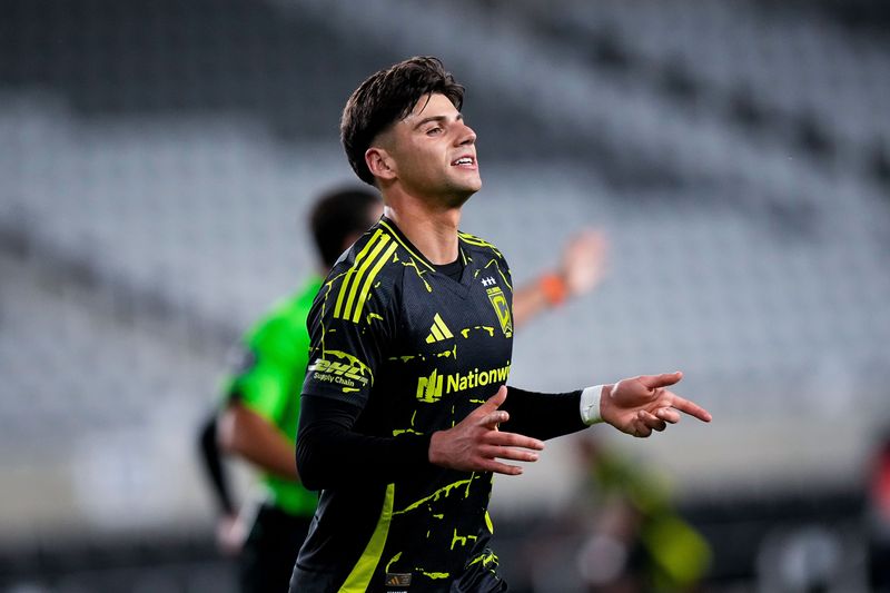 Columbus Crew midfielder Max Arfsten (27) celebrates after scoring a goal in the second half of the U.S. Open Cup quarterfinal match at ScottsMiracle-Gro Field on Wednesday, May 20, 2026 in Columbus, Ohio.