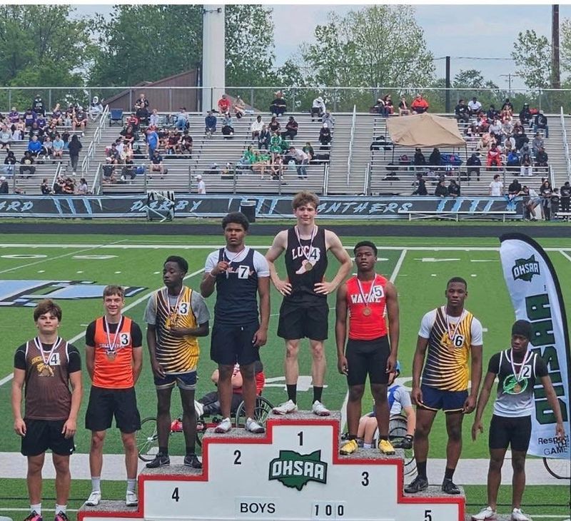 Lucas eighth grader TJ Wojciechowski stands atop the podium after winning the 100-meter dash at the Ohio High School Athletic Association Seventh and Eighth Grade State Track and Field Championships on Saturday, May 16, 2026.