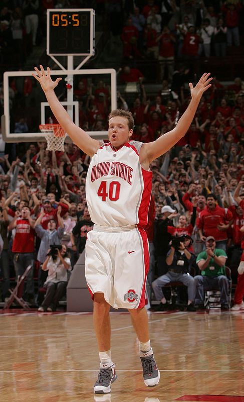 Ohio State's Matt Sylvester, 40, raises his arms in celebration after sinking a three pointer to go ahead of Louisiana State University, LSU, with seconds left in the second half of their game at Value City Arena on Dec. 31, 2005. LSU was unable to score in the final seconds.