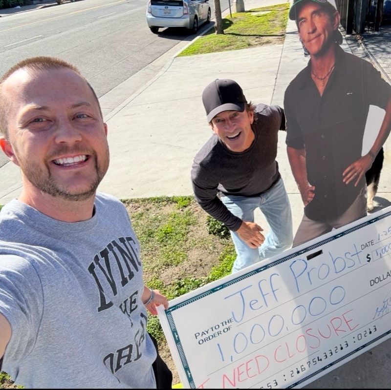 Greg Insco stands beside "Survivor" host Jeff Probst after venturing to Los Angeles in hopes of being cast on the show.