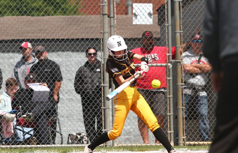 Northmor's Maleah Blevins hits a game-tying single during the Golden Knights' 2-1 loss to Liberty Union in a Division V district final at Pickerington North on May 21, 2026.